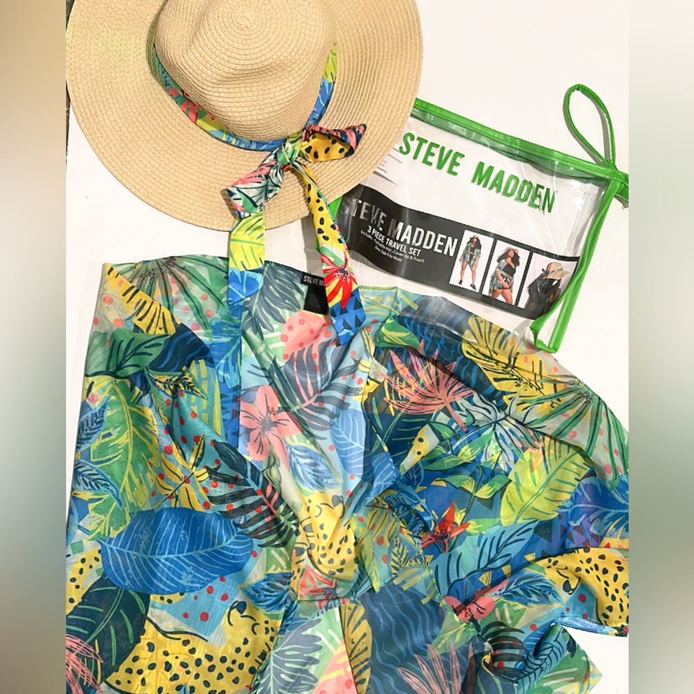 Steve Madden 3 Piece Travel Set with Colorful Tropical Coverup & Straw Beach Hat